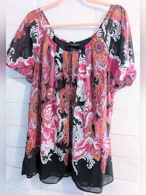 Lane Bryant Pink and Black Paisley Scoop-Neck Blouse Plus Size 22/24